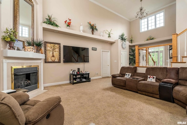 1404 Belle Terre Ct, Herrin, IL 62948 - living area featuring crown molding, high vaulted ceiling, carpet floors, baseboards, and healthy amount of natural light