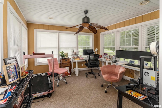 1404 Belle Terre Ct, Herrin, IL 62948 - office area with a ceiling fan, carpet floors, wood walls, and baseboards