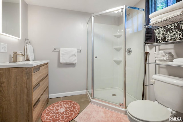 404 S 23rd St, Herrin, IL 62948 - bathroom featuring vanity, a shower stall, toilet, baseboards, and tile patterned floors