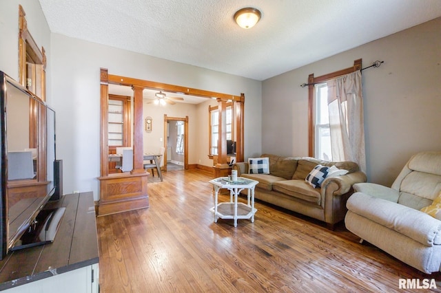 417 12th St, De Witt, IA 52742 - living area with plenty of natural light, wood finished floors, a textured ceiling, and ceiling fan