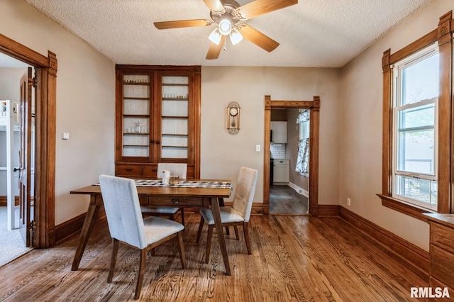 417 12th St, De Witt, IA 52742 - dining area featuring wood finished floors, a textured ceiling, healthy amount of natural light, a ceiling fan, and baseboards
