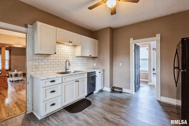 417 12th St, De Witt, IA 52742 - kitchen featuring dishwashing machine, a sink, ceiling fan, decorative backsplash, and baseboards