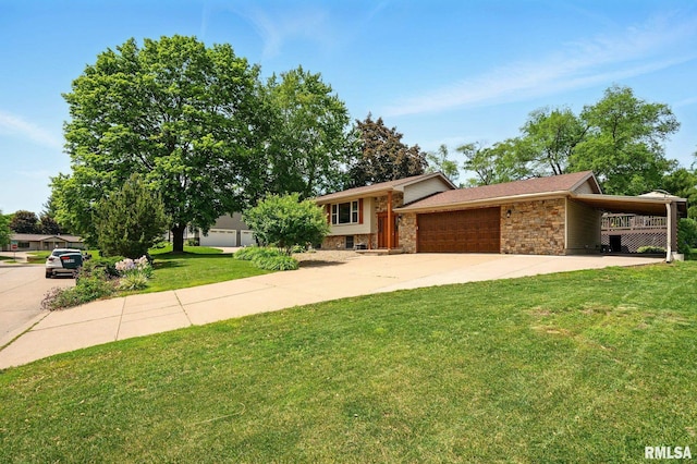 5760 Jenny Ln, Bettendorf, IA 52722 - tri-level home with driveway, a garage, a front lawn, stone siding, and a carport