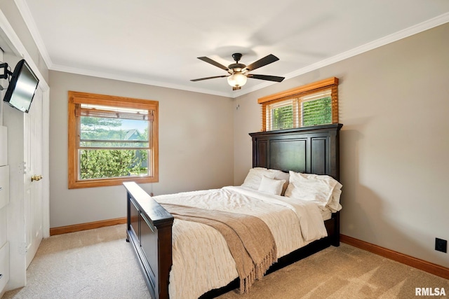 5760 Jenny Ln, Bettendorf, IA 52722 - bedroom with light carpet, baseboards, ornamental molding, and ceiling fan