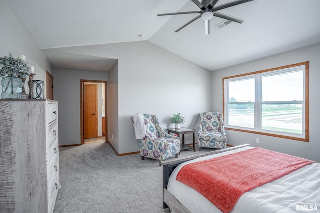 4260 Sapphire Ln, Bettendorf, IA 52722 - bedroom featuring lofted ceiling, light carpet, a textured ceiling, baseboards, and a ceiling fan