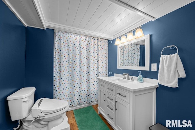 237 Colony Dr, Davenport, IA 52806 - full bath with vanity, toilet, wood ceiling, crown molding, and a shower with shower curtain