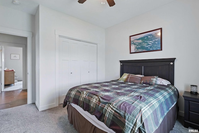 4241 Colorado Dr, Bettendorf, IA 52722 - bedroom with carpet floors, a closet, baseboards, and ceiling fan