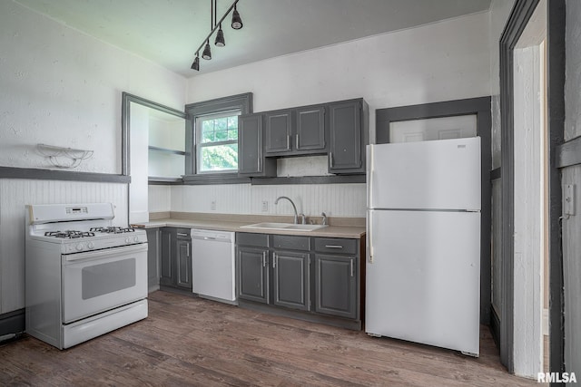 1415 Pershing Ave, Davenport, IA 52803 - kitchen with white appliances, a sink, gray cabinets, open shelves, and dark wood-style floors