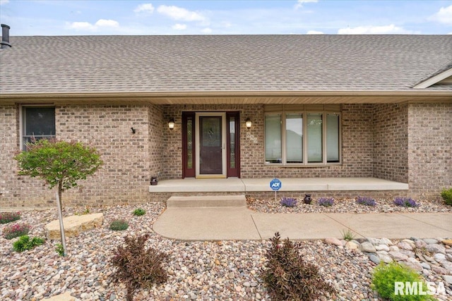 859 45th Ave, East Moline, IL 61244 - doorway to property with a shingled roof, a porch, and brick siding