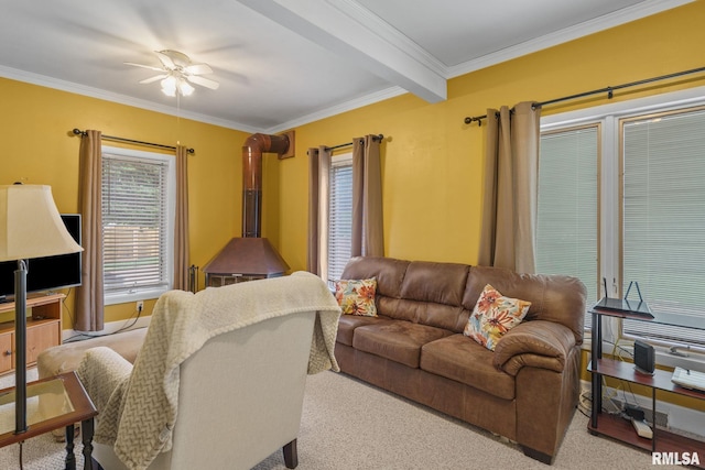 608 S Main St, Port Byron, IL 61275 - living area with carpet flooring, crown molding, ceiling fan, and beam ceiling