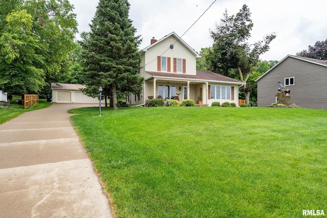 608 S Main St, Port Byron, IL 61275 - view of front of property with a chimney, an outdoor structure, covered porch, and a front yard