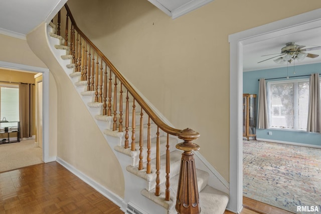 608 S Main St, Port Byron, IL 61275 - stairs with crown molding and ceiling fan