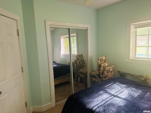 119 S Elm St, Williamsfield, IL 61489 - bedroom featuring multiple windows, a closet, baseboards, and carpet flooring