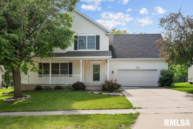 2982 Church St, Bettendorf, IA 52722 - traditional home featuring concrete driveway, an attached garage, covered porch, a front yard, and a shingled roof