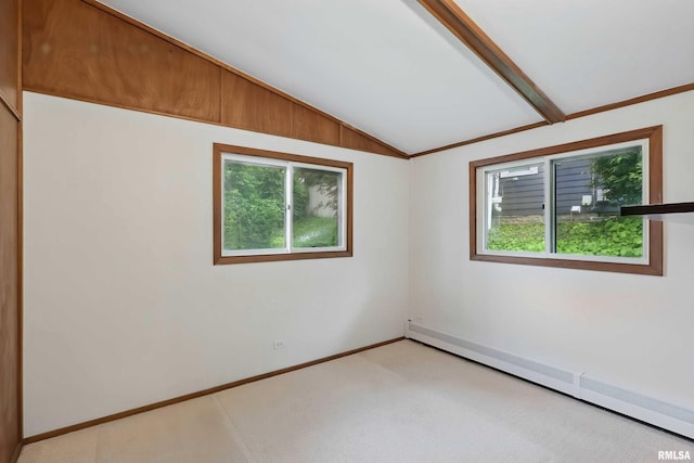2402 Middle Rd, Davenport, IA 52803 - spare room featuring a baseboard heating unit, lofted ceiling, light carpet, and baseboards