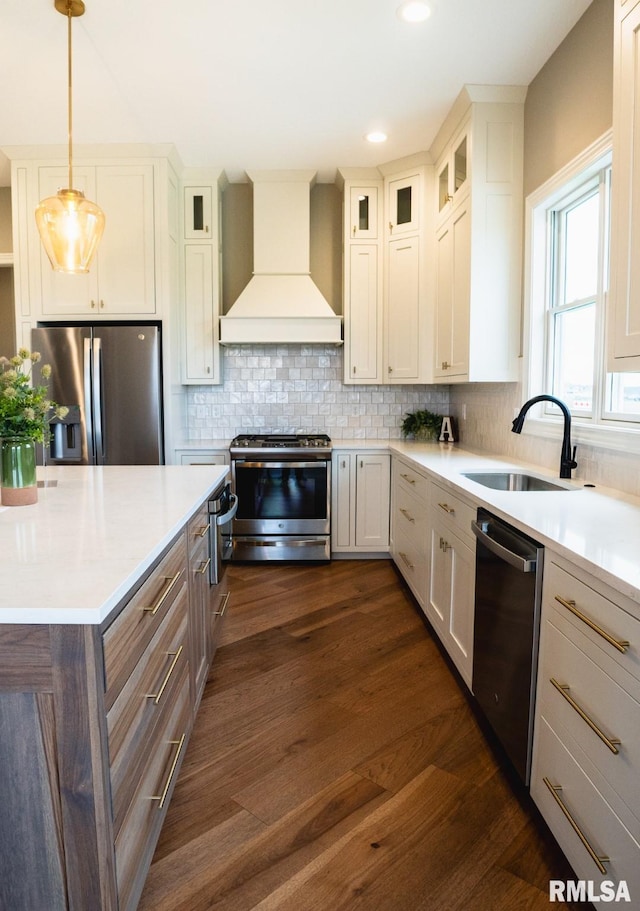 6654 Meghan Ave, Bettendorf, IA 52722 - kitchen with appliances with stainless steel finishes, premium range hood, a sink, dark wood finished floors, and light countertops