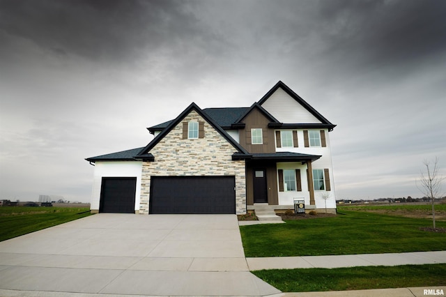 6654 Meghan Ave, Bettendorf, IA 52722 - craftsman inspired home featuring a front yard, driveway, and stone siding