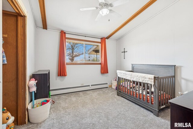 944 45th St, New Boston, IL 61272 - bedroom featuring vaulted ceiling, baseboard heating, a nursery area, carpet flooring, and a ceiling fan