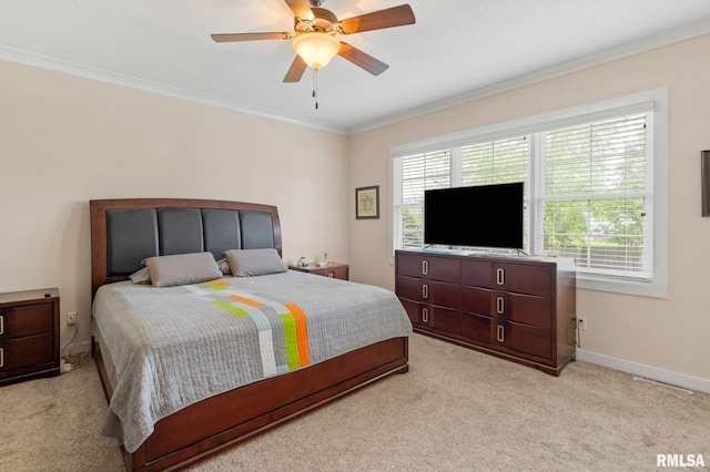 3484 Field Sike Dr, Bettendorf, IA 52722 - bedroom featuring light carpet, crown molding, baseboards, and ceiling fan