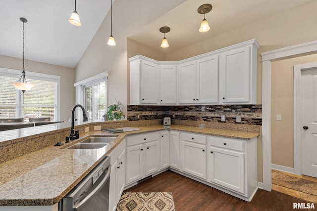 3484 Field Sike Dr, Bettendorf, IA 52722 - kitchen featuring a sink, dishwasher, lofted ceiling, decorative backsplash, and dark wood-style floors