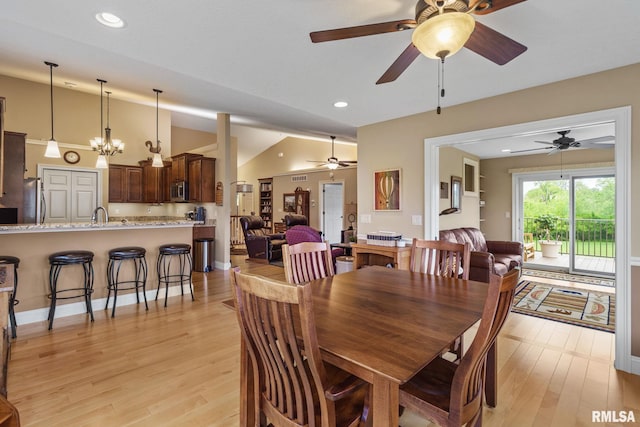 3608 Glengevlin Way, Bettendorf, IA 52722 - dining space with a ceiling fan, lofted ceiling, light wood-style floors, and recessed lighting
