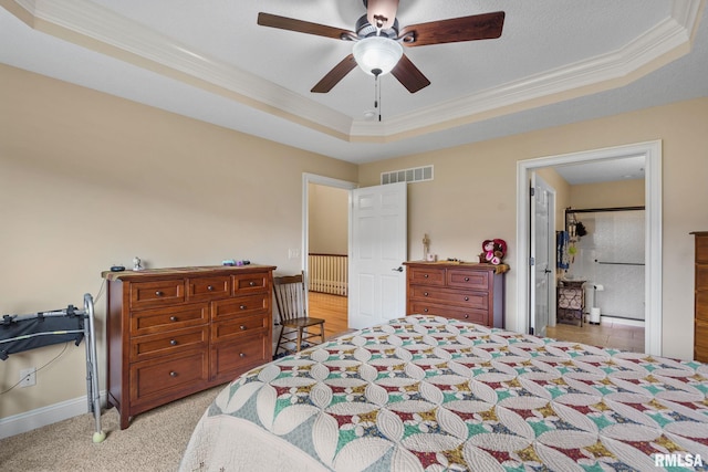 3608 Glengevlin Way, Bettendorf, IA 52722 - bedroom featuring ornamental molding, a tray ceiling, baseboards, and a ceiling fan