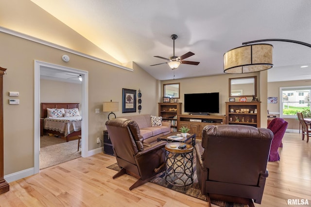 3608 Glengevlin Way, Bettendorf, IA 52722 - living room with a ceiling fan, light wood-type flooring, lofted ceiling, and baseboards