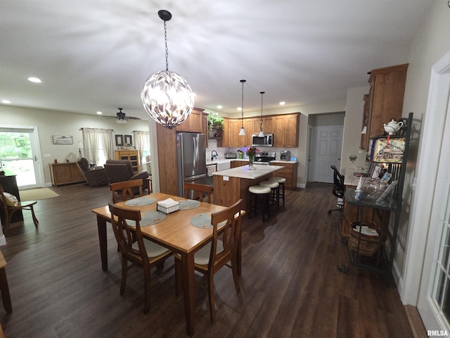 179 Hazel Rd, Simpson, IL 62985 - dining room with a chandelier, recessed lighting, dark wood-type flooring, and a ceiling fan