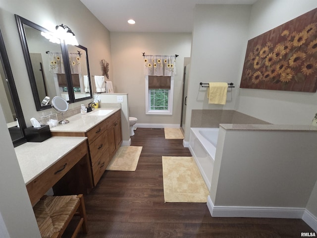 179 Hazel Rd, Simpson, IL 62985 - bathroom featuring wood finished floors, a garden tub, toilet, vanity, and recessed lighting