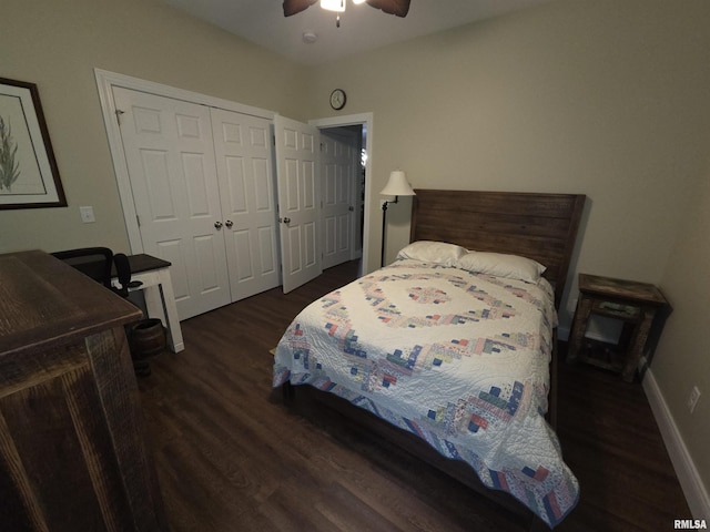 179 Hazel Rd, Simpson, IL 62985 - bedroom featuring dark wood-type flooring, a closet, a ceiling fan, and baseboards