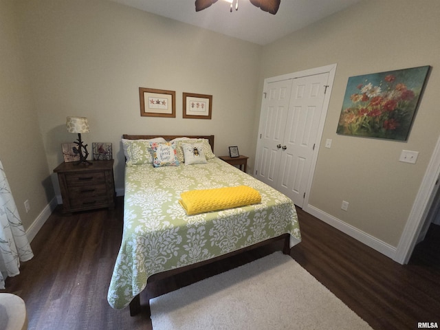 179 Hazel Rd, Simpson, IL 62985 - bedroom featuring wood finished floors, baseboards, a closet, and a ceiling fan