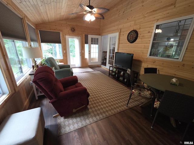 179 Hazel Rd, Simpson, IL 62985 - living area featuring wood walls, vaulted ceiling, wood finished floors, wooden ceiling, and ceiling fan
