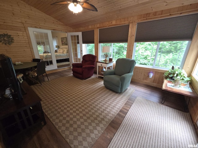 179 Hazel Rd, Simpson, IL 62985 - living room with wooden walls, vaulted ceiling, a ceiling fan, wood finished floors, and wooden ceiling