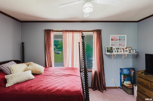 1408 Newton Ave, Johnston City, IL 62951 - carpeted bedroom featuring crown molding, ceiling fan, a textured ceiling, and baseboards