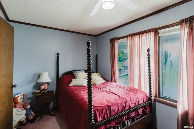 1408 Newton Ave, Johnston City, IL 62951 - carpeted bedroom with crown molding, a textured ceiling, and ceiling fan