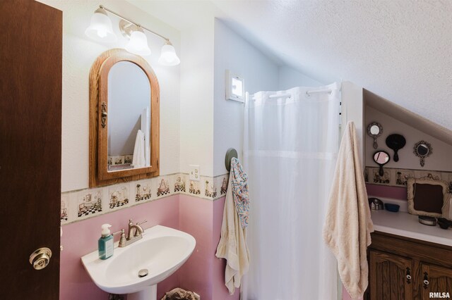 1408 Newton Ave, Johnston City, IL 62951 - full bathroom with a sink, vaulted ceiling, a textured ceiling, and a shower with curtain