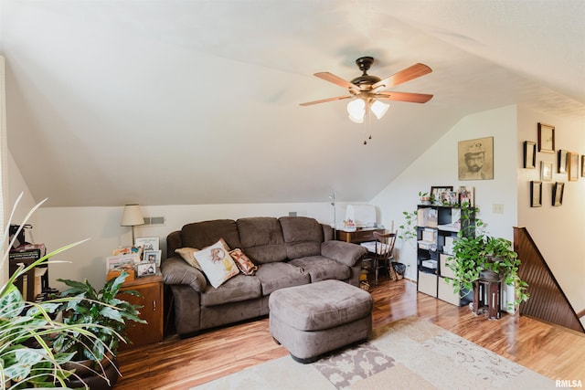 1408 Newton Ave, Johnston City, IL 62951 - living area with wood finished floors, vaulted ceiling, and a ceiling fan