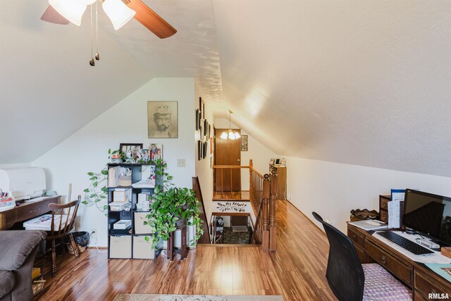 1408 Newton Ave, Johnston City, IL 62951 - home office with vaulted ceiling, wood finished floors, and ceiling fan
