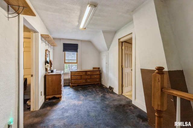 201 4th St, New Boston, IL 61272 - additional living space featuring dark carpet, a textured ceiling, and vaulted ceiling