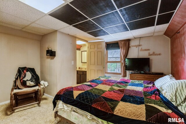 201 4th St, New Boston, IL 61272 - carpeted bedroom with a drop ceiling and baseboards