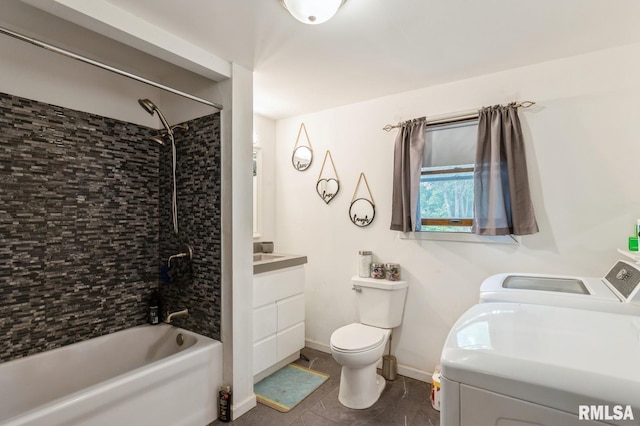 201 4th St, New Boston, IL 61272 - bathroom featuring independent washer and dryer, toilet, vanity, shower / tub combination, and tile patterned flooring