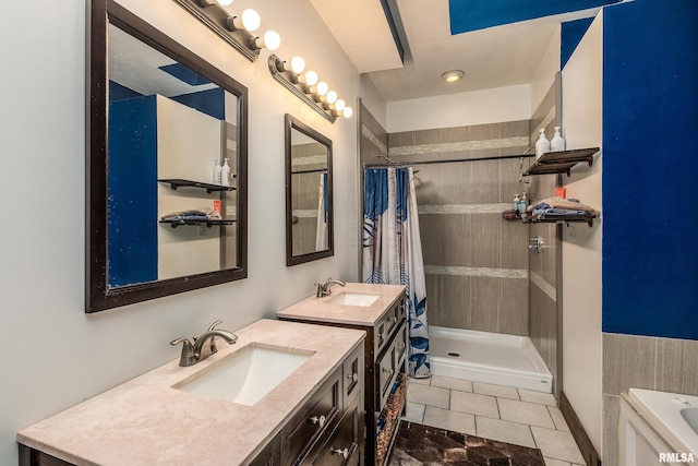 611 E Grand Ave, Carterville, IL 62918 - bathroom featuring tiled shower, vanity, tile patterned flooring, and a bath