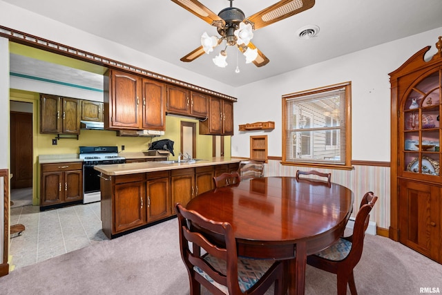 519 2nd St, Camanche, IA 52730 - kitchen with white gas range oven, a sink, light countertops, light colored carpet, and a wainscoted wall