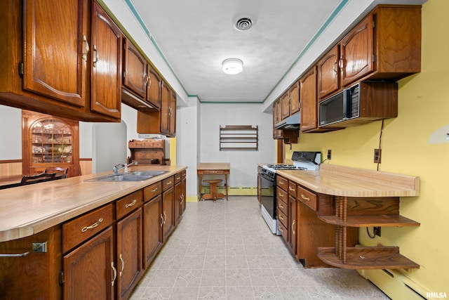 519 2nd St, Camanche, IA 52730 - kitchen featuring range with gas stovetop, a sink, under cabinet range hood, light countertops, and open shelves