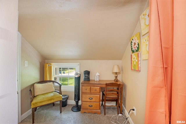 905 1st St, Camanche, IA 52730 - sitting room featuring carpet floors, an office area, baseboards, and vaulted ceiling