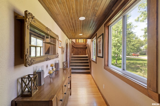 905 1st St, Camanche, IA 52730 - corridor featuring wooden ceiling, plenty of natural light, light wood finished floors, stairs, and recessed lighting