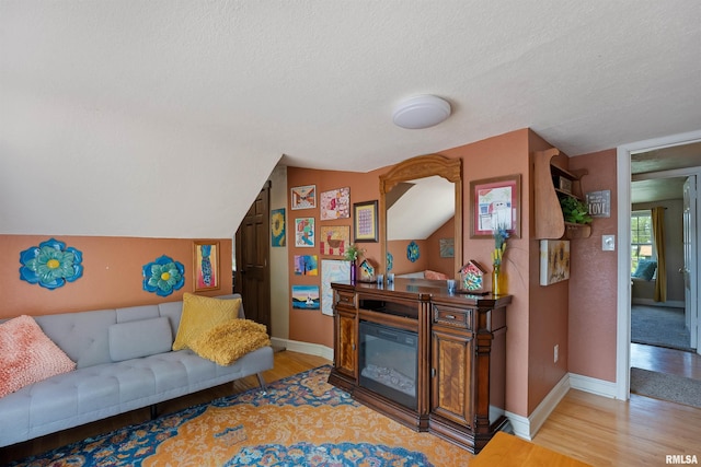 905 1st St, Camanche, IA 52730 - living area with wood finished floors, a textured ceiling, baseboards, and lofted ceiling