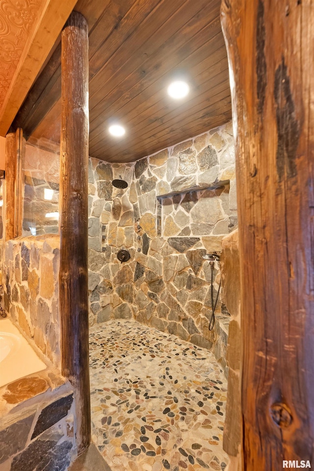 905 1st St, Camanche, IA 52730 - bathroom featuring tiled shower, wood ceiling, recessed lighting, and a tub to relax in