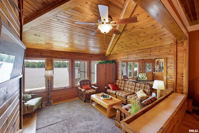 905 1st St, Camanche, IA 52730 - living area featuring wood ceiling, a ceiling fan, wooden walls, and wood finished floors