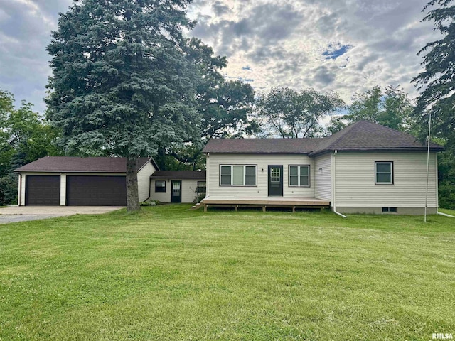 1492 45th St, New Boston, IL 61272 - view of front of home with driveway, a front yard, a garage, and a wooden deck